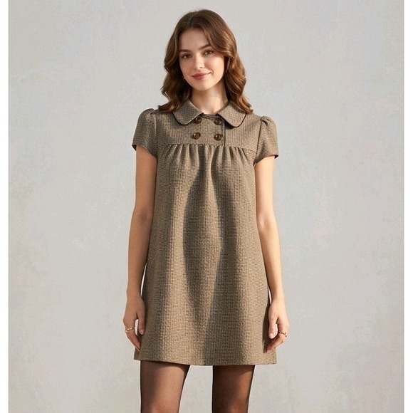 Cider Dresses & Skirts - CIDER Babydoll Mini Dress Houndstooth Peter Pan Collar Brown Plaid Smock Size XL